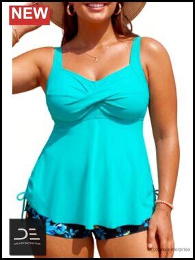 Plus Size Tankini Swimsuit Two Piece Flowy Swimdress with Shorts - UPF 30